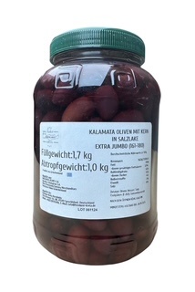 Kalamata Oliven Extra Jumbo mit Kern in Salzlake 1Kg Abtropfgewicht